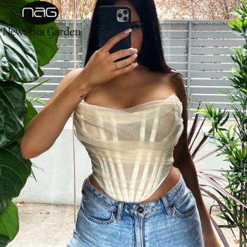 NewAsia Sexy Corset Top Women Sleeveless Off Shoulder Female Boned Cropped Streetwear Bustier Mesh Crop Top White